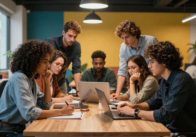 A group of focused professionals collaborating around a desk in a colorful, modern coworking space in Brazil, atmosphere of innovation.