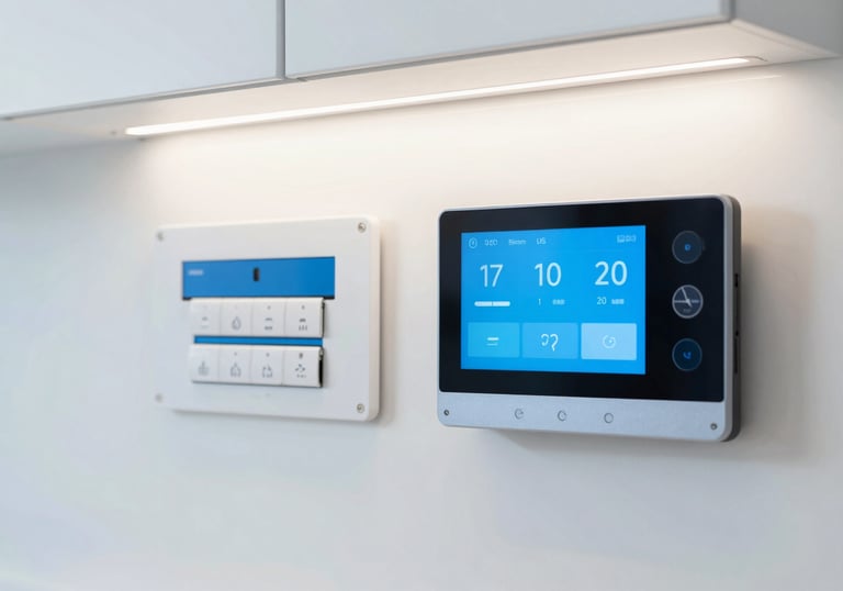 A high-end North American / US kitchen featuring smart home electrical panels and recessed LED lighting, modern and sleek, bright atmosphere, incorporating pale mist white and sky blue tones.