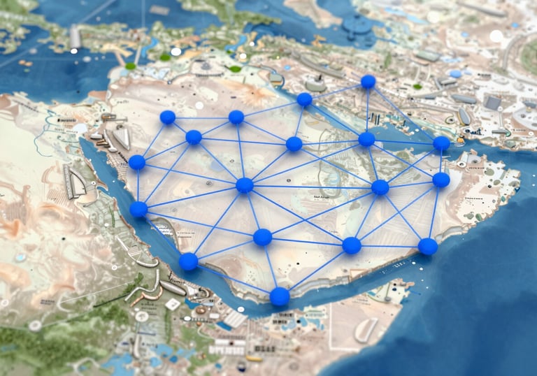 A professional digital map of Saudi Arabia highlighted with connecting nodes, representing a business network, modern tech style using #A1B2BC.