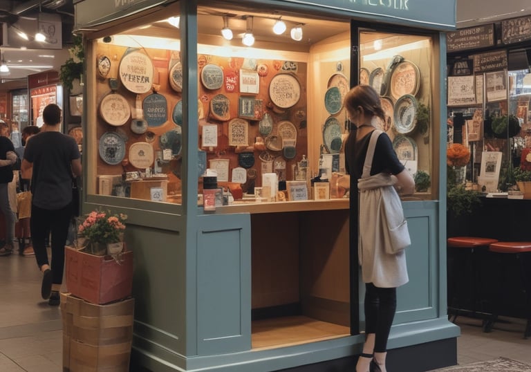 A professional cleaner tidying a vibrant mall vendor booth with cleaning supplies.