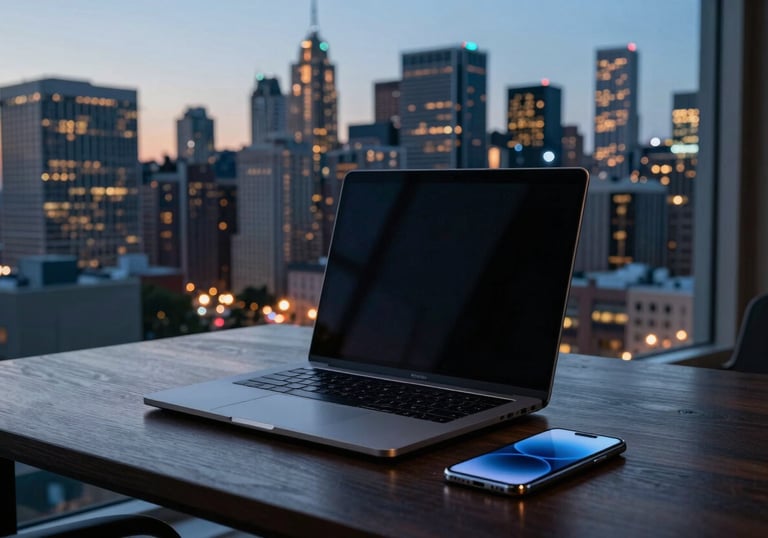 A professional laptop and smartphone sitting on a dark wood desk overlooking a sprawling North American city skyline at dusk with cool slate and teal city lights.