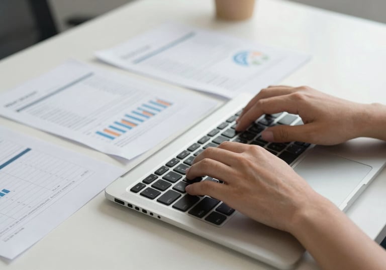 A close-up of a person typing on a laptop keyboard surrounded by financial audit reports in a Global / Corporate office setting. Well-lit, off-white desk.