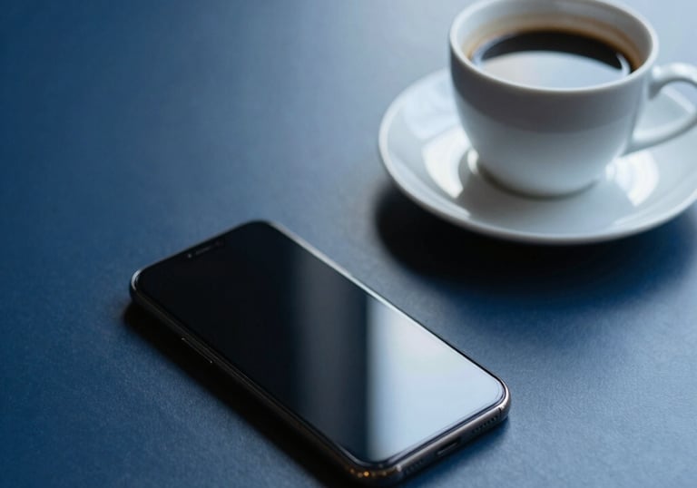 A minimalist workplace setup with a smartphone and a coffee cup, clean professional atmosphere, Southern European morning light, deep blue tones.