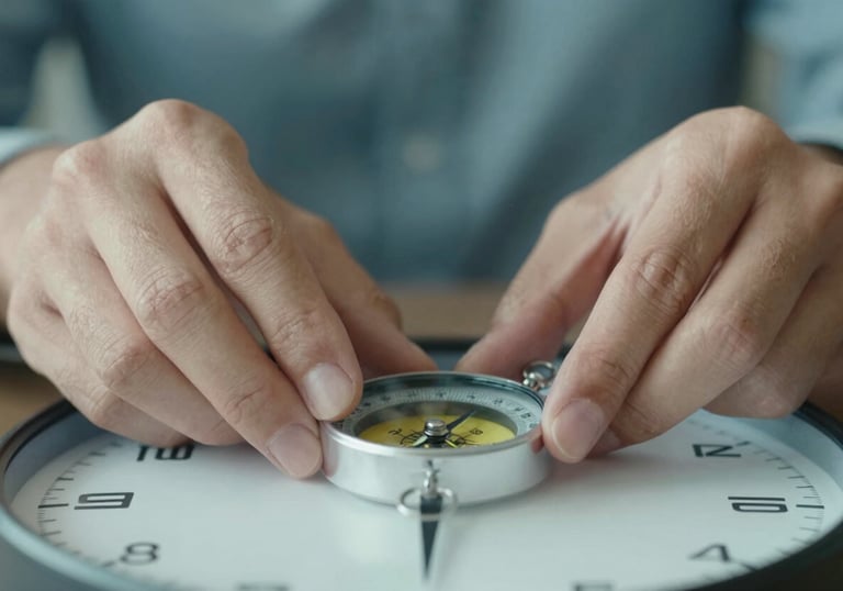 A close-up of a person's hands calmly adjusting a clock or compass, symbolizing emotional management and time control. Clean, sharp focus with a professional teal color grade.