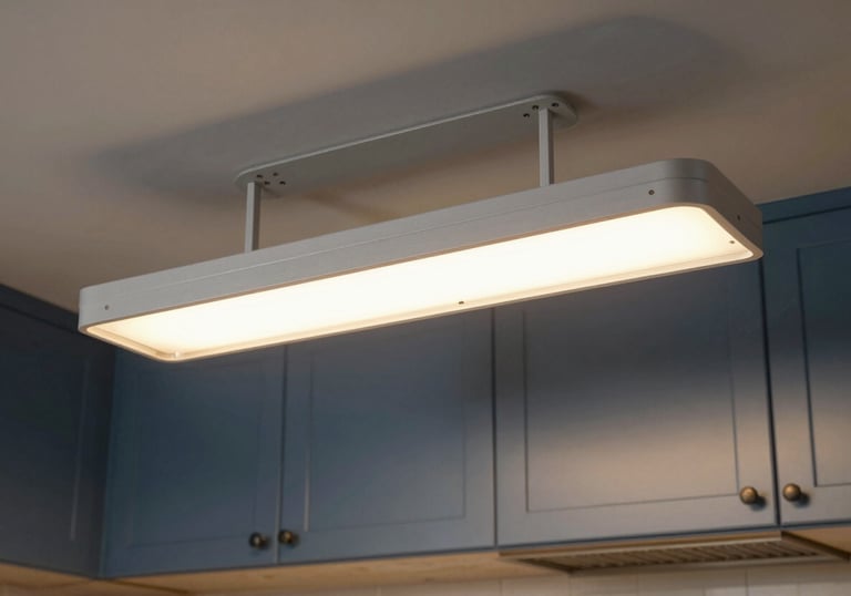 A detailed shot of modern, energy-efficient LED lighting fixtures being installed in a North American / US kitchen. The light is warm and inviting, contrasted with muted steel blue cabinetry.