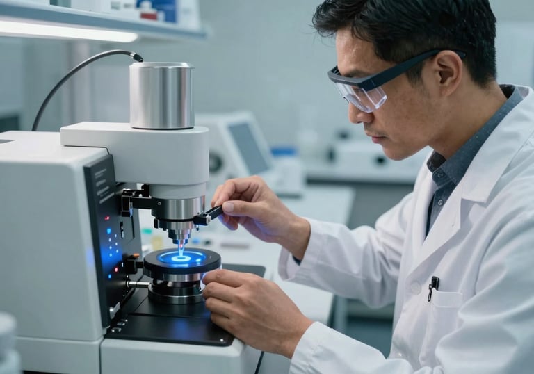 A close-up, high-angle professional photograph of a scientist in a sterile laboratory setting, wearing a lab coat and safety glasses, meticulously using advanced biotechnology equipment. The scientist, who is a North American / US individual, is focused on a precision instrument with glowing blue indicators. Composition is clean and modern, emphasizing detail and precision. Bright, diffused overhead lighting illuminates the workspace, highlighting the stainless steel and glass of the machinery. The style is sophisticated, clean, and forward-thinking, conveying scientific expertise and innovation.
