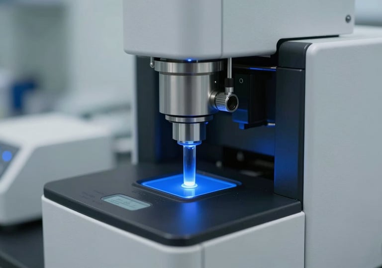 Close-up photography of a high-tech automated laboratory analyzer. The focus is on the precision components and glowing medium blue indicator lights in a sterile North American lab environment.
