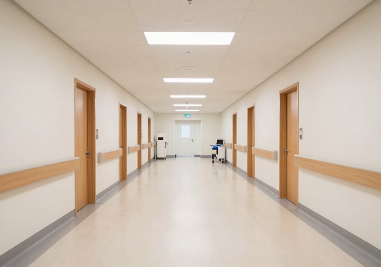 A clean, minimalist view of a modern North American hospital wing. Bright, soft lighting, wide perspective, conveying a sense of order and medical trustworthiness.