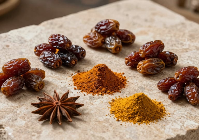 A clean, high-end photograph of various Egyptian spices and dried dates arranged neatly on a stone surface, natural lighting, professional food photography.