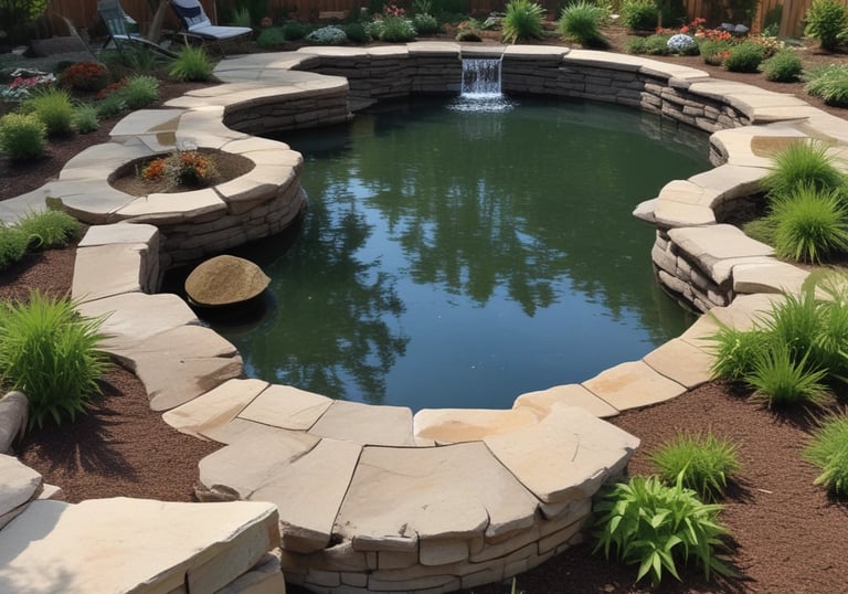A custom-designed water feature with cascading waterfalls blending naturally into a landscaped garden.
