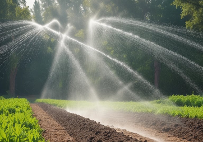 Farm worker adjusting irrigation equipment in a lush agricultural field.