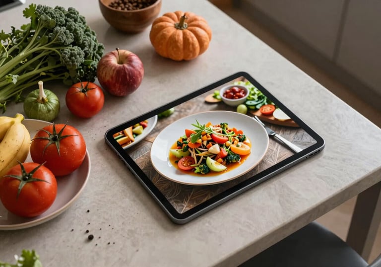 A top-down professional photograph of a modern Brazilian kitchen table with fresh organic ingredients and a digital tablet showing a vibrant culinary course.