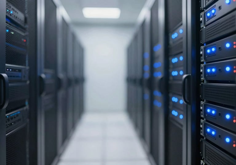 A clean, bright shot of a server room with blue LED indicators, reflecting a highly professional and secure management system environment.