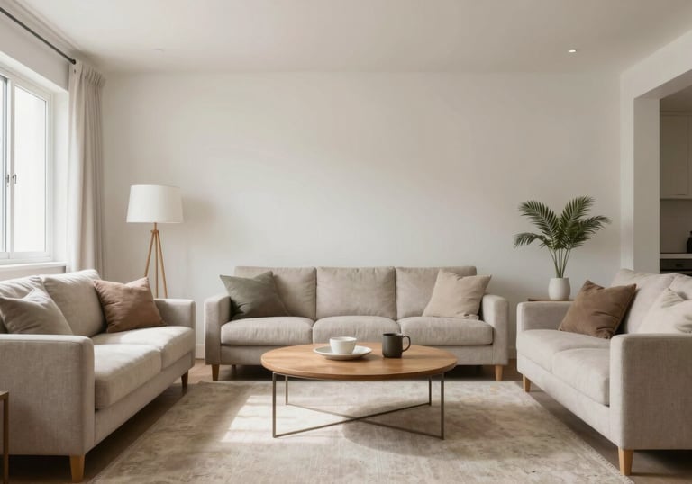An interior photograph of a bright, minimalist North American living room, conveying a sense of peace, stability, and a successful future.
