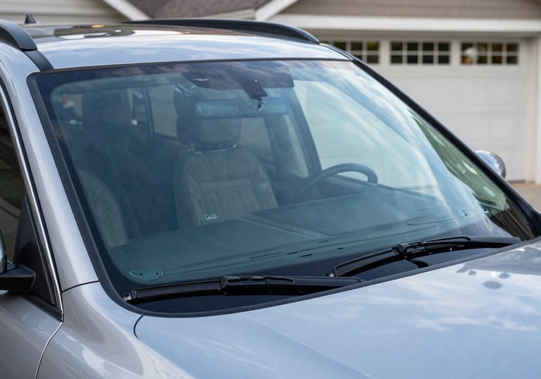 A photograph showing the finished result of a windshield replacement on a luxury SUV. The vehicle is parked in a clean North American driveway, reflecting the professional steel blue sky and house architecture in the flawless new glass.