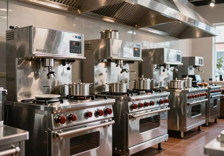 A wide shot of a modern, upscale commercial kitchen equipment showroom in the Middle Eastern / Gulf, showcasing professional stainless steel appliances.