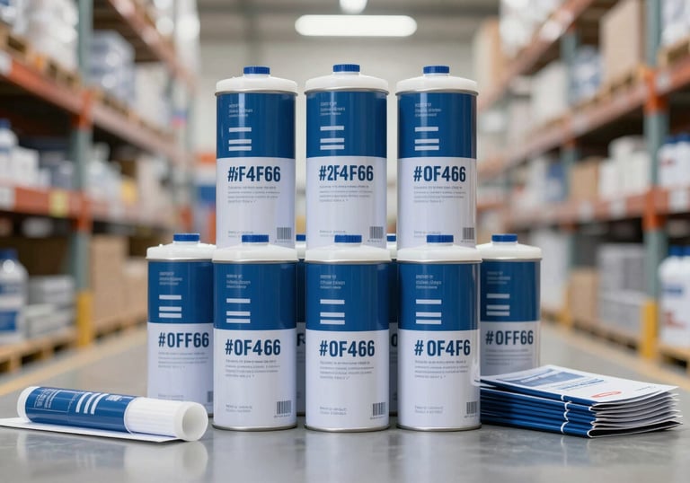 A stack of high-quality industrial adhesive canisters and packaging materials in a modern, clean warehouse setting. Colors: #2F4F6F and #F0F4F8.
