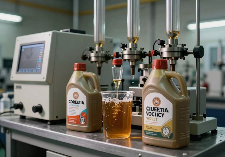 Industrial laboratory in a South Asian / Indian lubricant facility with scientific equipment for testing thermal stability and viscosity.