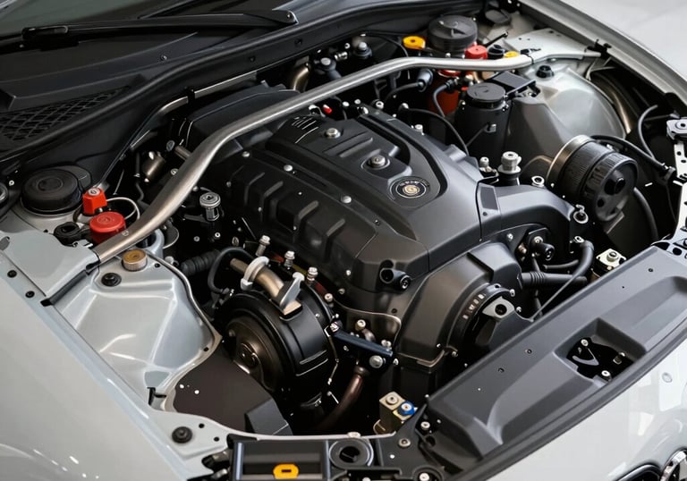 High-angle shot of a perfectly clean and degreased engine bay in a performance vehicle, showroom quality, professional detailing result.