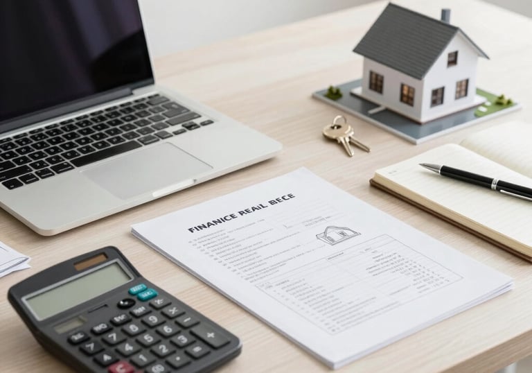 Une demande de prêt immobilier posée sur un bureau, avec un ordinateur portable et une calculatrice