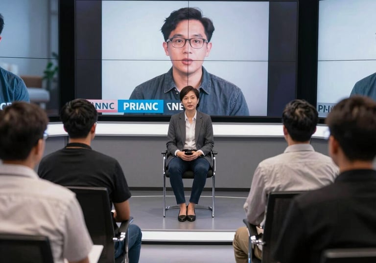 Sound engineer recording voice-over in a professional studio with bilingual scripts.