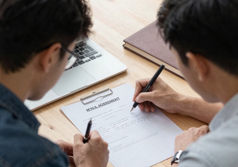 a man riding a skateboard down a street next to tall buildings