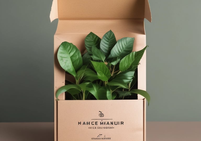 Eco-friendly packaging materials in soft earthy tones surrounding a healthy potted plant.
