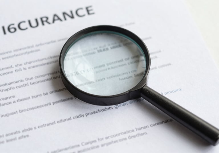 A minimalist flat lay of a magnifying glass over a clean insurance document, focusing on transparency and clarity, with #6C9DD1 color touches.