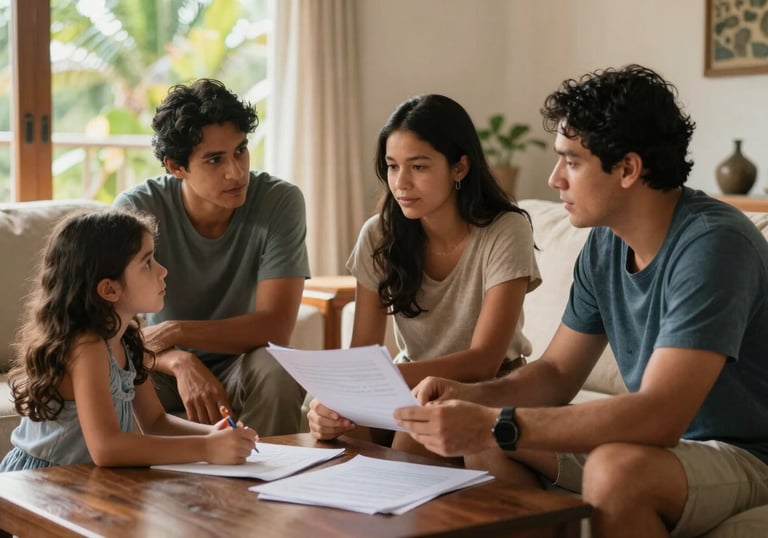 A warm scene of a South American / Brazilian family discussing plans together in a sunlit living room, representing peace of mind.