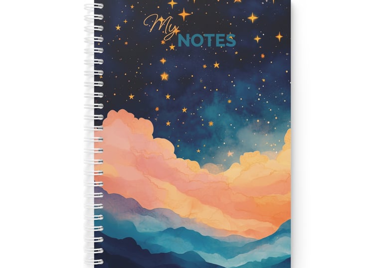 Front view of the A5 spiral notepad "Starry Night" from the Abstract World" Collection.