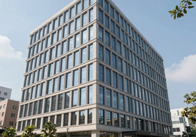 A commercial building with smoke rising in the background, symbolizing fire risk protection.