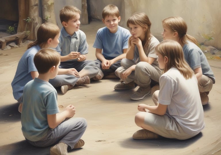 Children sitting in a circle, engaging in a lively group discussion outdoors.