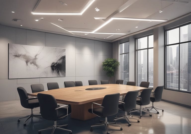 A focused team reviewing campaign results around a conference table with navy and off-white decor.