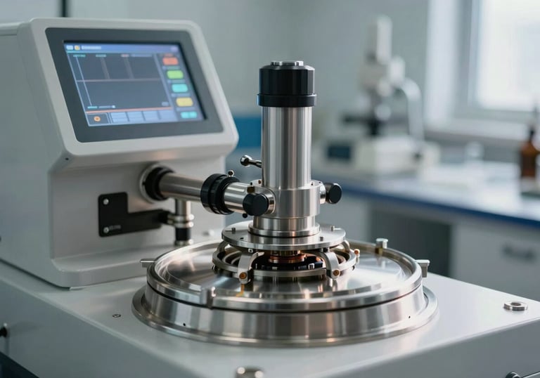 A close-up of a high-performance centrifuge in a modern biotech lab, featuring a sleek digital interface and polished metallic finishes. Soft natural light, professional international research setting.