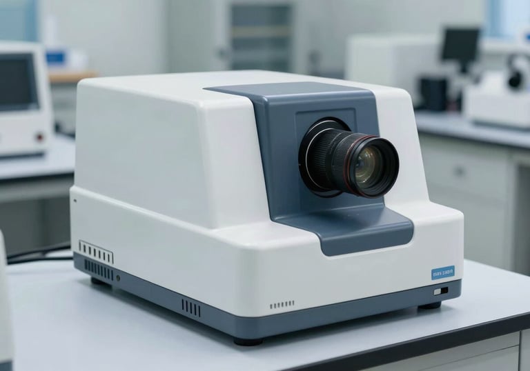 A professional analytical spectrophotometer sitting on a clean, light blue laboratory bench. The lighting is bright and technical. Modern scientific facility, North American style.