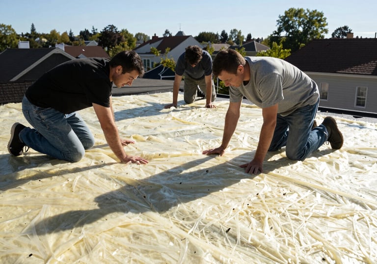 Technician inspecting a flat roof with a moisture meter during a free roof inspection.