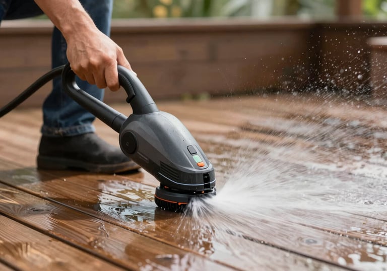 Action shot of a power washer cleaning a wooden deck, with water spray visibly removing dirt to reveal clean wood. Dynamic and refreshing.