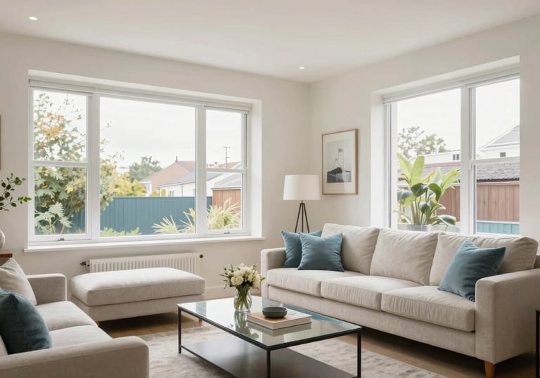A bright and airy photograph of a modern British living room with large windows, showcasing high-end property photography. The lighting is natural and crisp, emphasizing the trustworthy nature of the platform. Off-white and light blue palette tones.