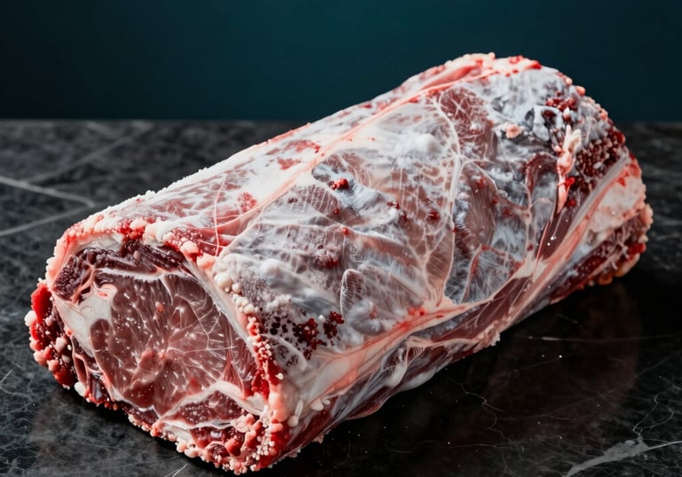 Studio food photography of a large, high-quality frozen beef primal cut on a dark marble surface, dramatic professional lighting, highlighting texture and freshness, deep ocean teal accents.