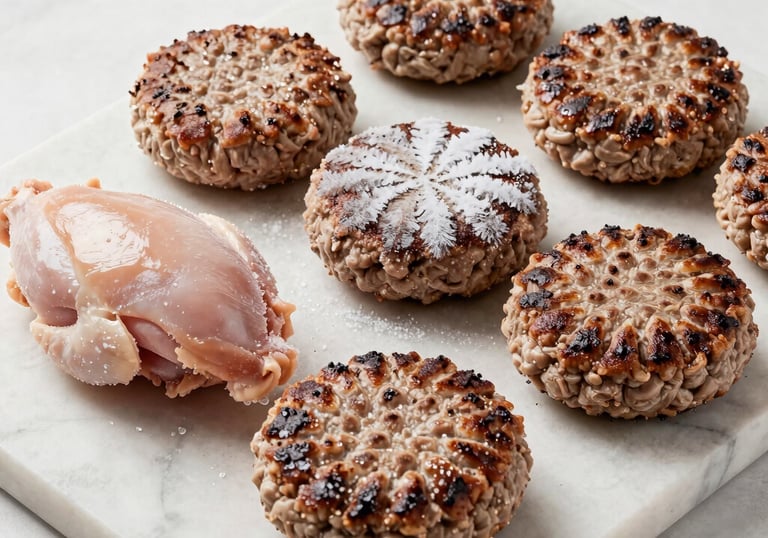 Clean, commercial photography of premium frozen chicken and burger patties arranged on a white stone platter, bright and airy lighting, professional food styling.