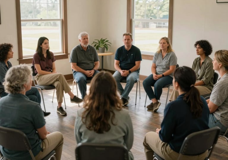 A group of parents sitting in a circle in a comfortable community center in Georgia, engaged in a supportive workshop. Soft afternoon light, professional photography style.