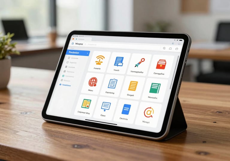 A high-end tablet displaying an educational dashboard with academic icons, sitting on a polished wooden desk in a bright North American office environment.