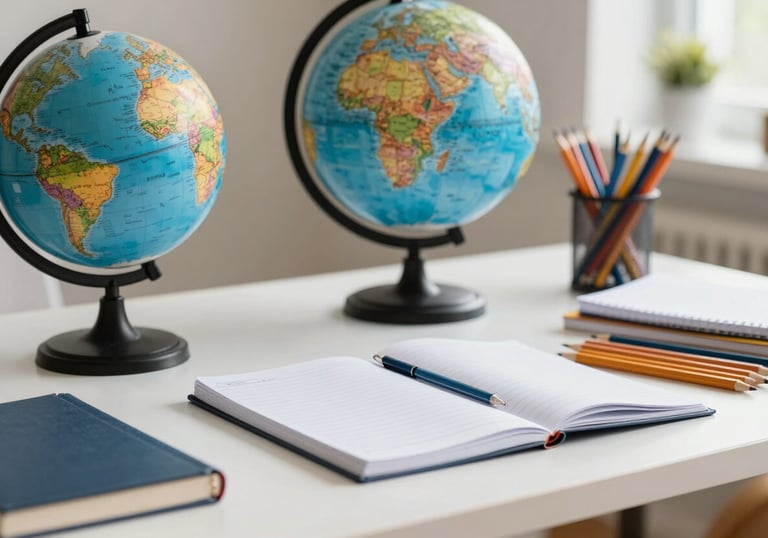 Close-up of a well-organized student desk with a globe, notebooks, and a set of pencils in a bright North American Georgia home. Professional, clean style.