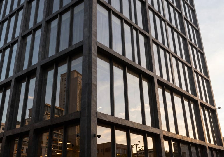 The sleek exterior facade of a renovated Brazilian commercial building featuring glass and charcoal-colored steel, during the golden hour, reflecting a modern aesthetic.