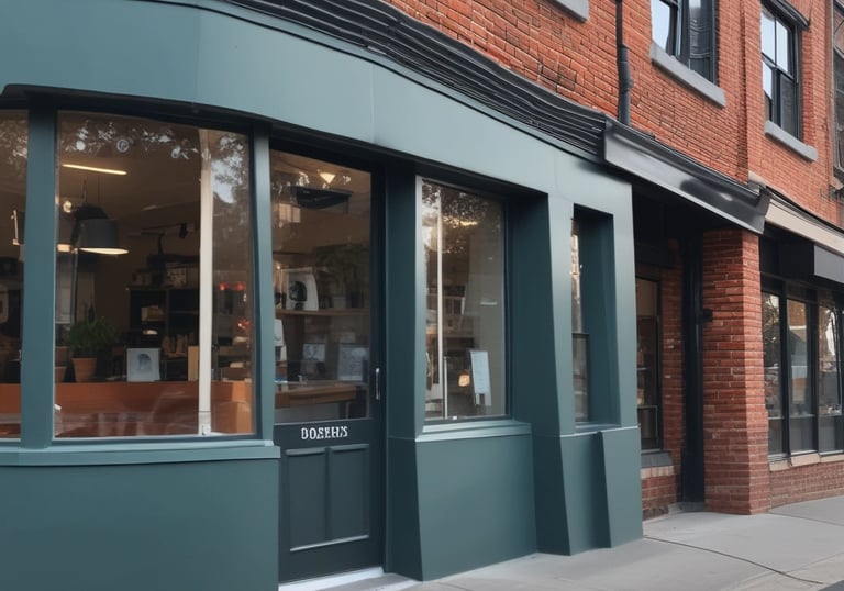 A painter carefully applying finishing touches on a business storefront during the weekend.