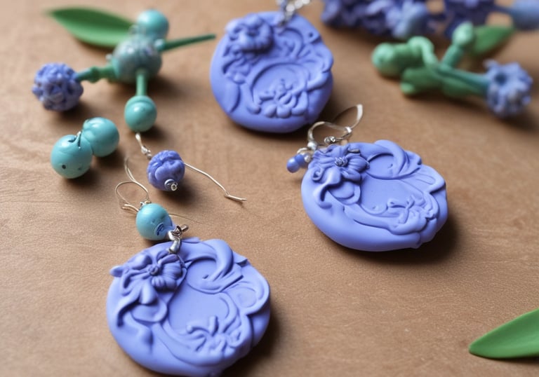 Close-up of delicate polymer clay flowers in periwinkle and creme colors.