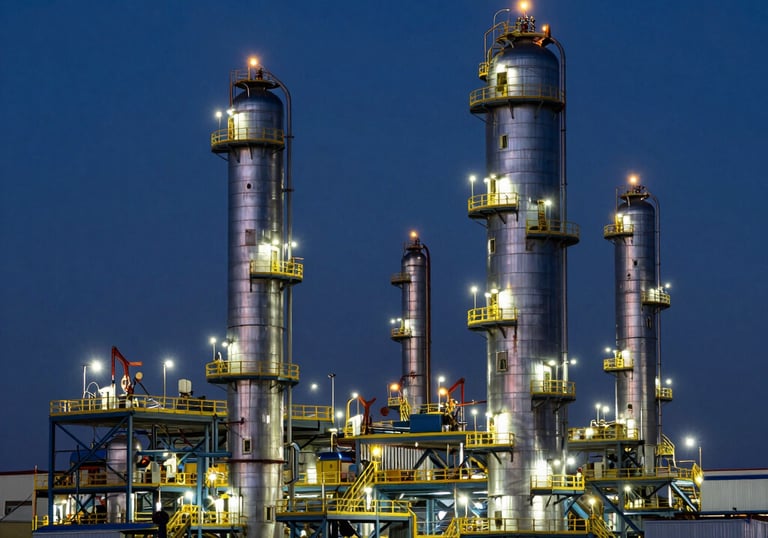 A sprawling oil refinery at twilight with industrial lights reflecting off steel surfaces under a deep navy sky, International / Global.