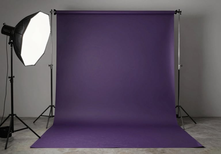 A minimalist studio space in North American / US with professional lighting equipment and a deep purple backdrop, ready for a product photoshoot.