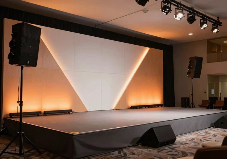 A sleek, modern corporate stage setup in a Latin American business center. The design features geometric panels illuminated with burnt orange lights and professional audiovisual equipment.