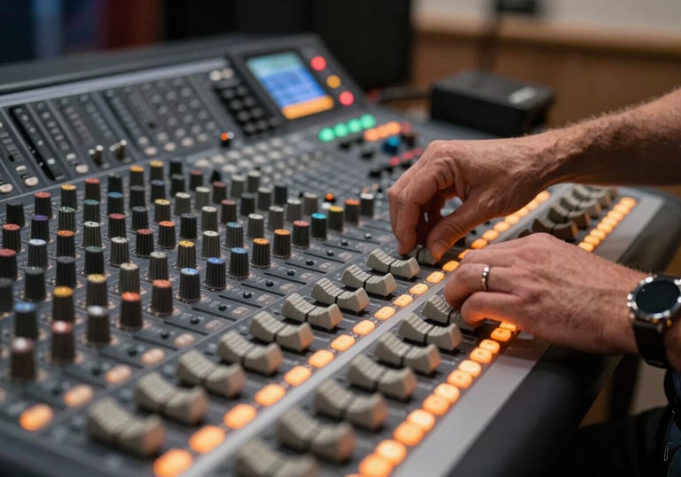 Close-up of a high-tech mixing console and soundboard in a professional event venue. A technician in professional attire is adjusting the levels. Soft orange lighting glows from the equipment buttons.